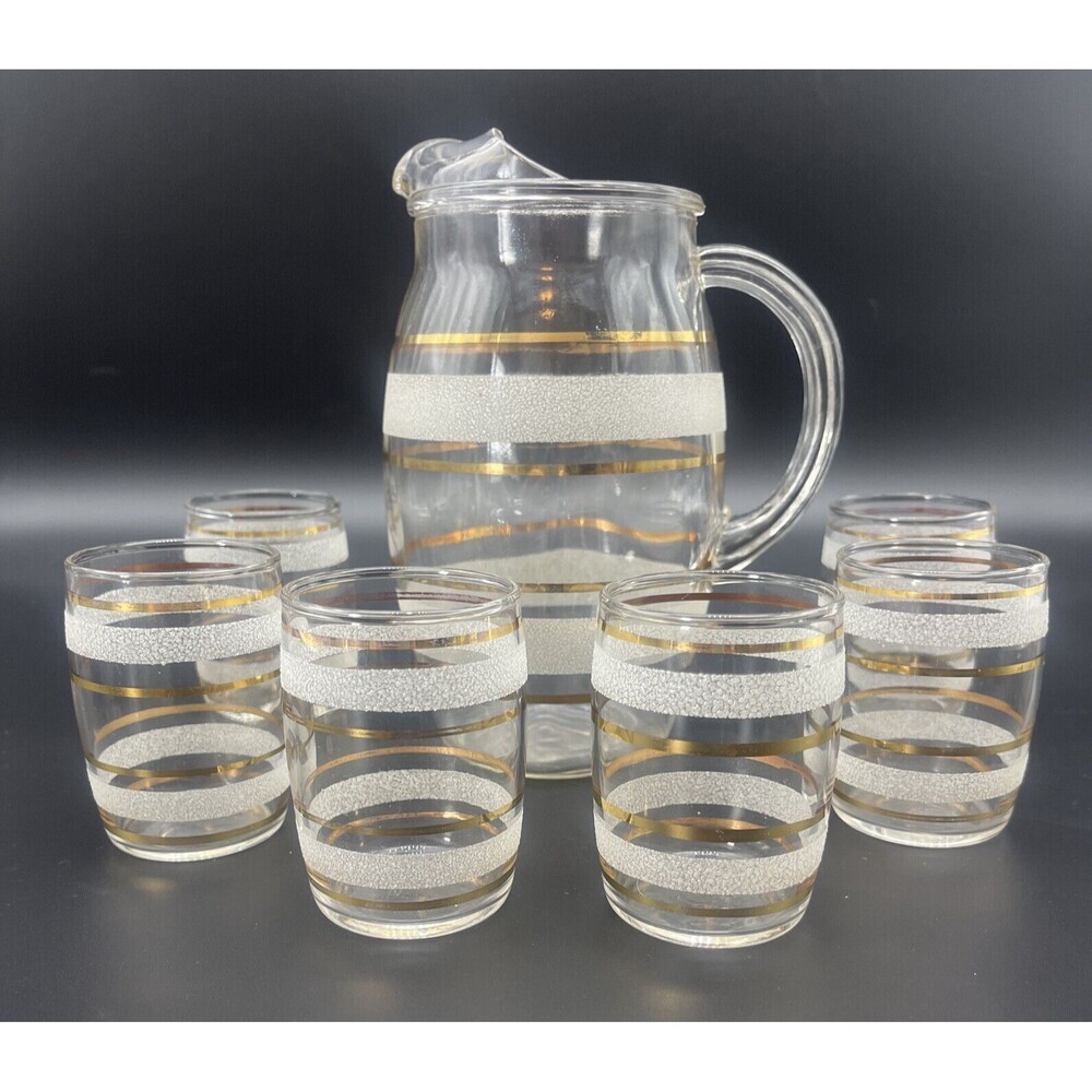 VTG Gold & Frosted Pitcher‎ w/ Six Glasses MCM Set